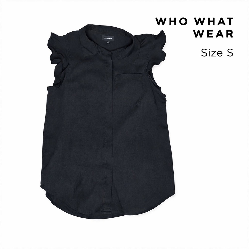 Who What Wear Womens Black Ruffle Sleeve Button Front Blouse Top Size Small
